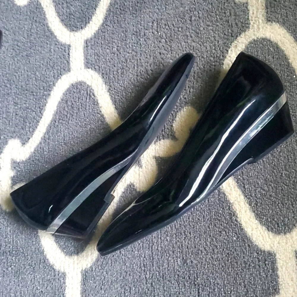 Talbots Black Silver Patent Leather Wedge Heel Shoes
